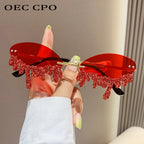 Rhinestone Rimless Sunglasses Women's Tear Drop Party Eyewear