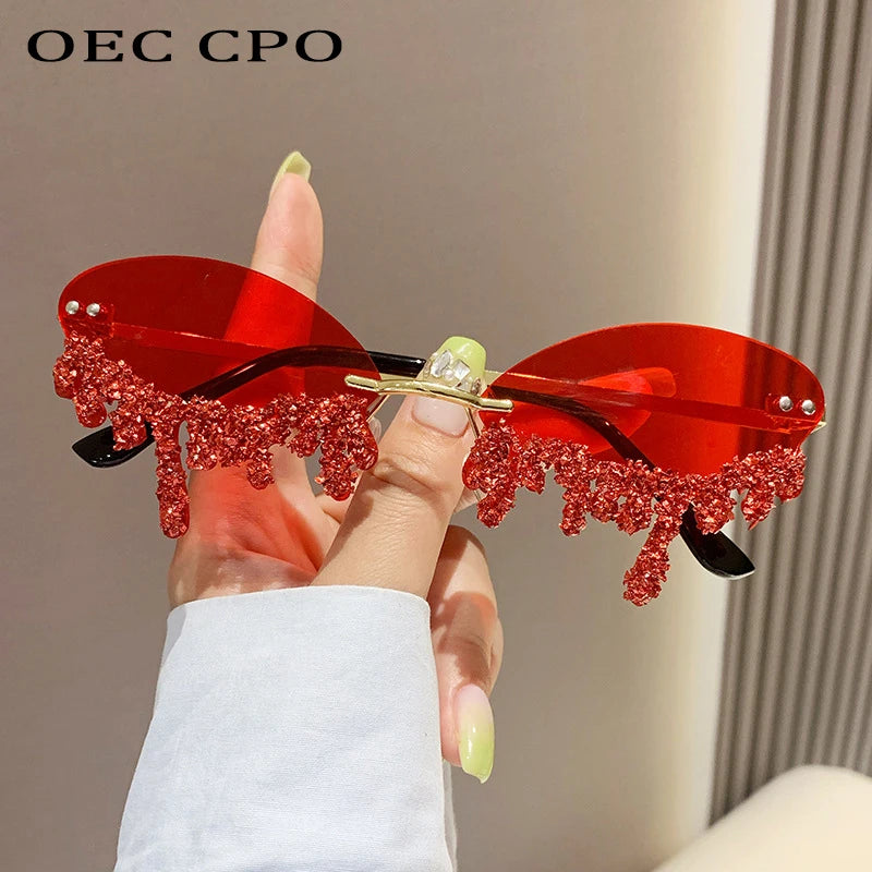 Rhinestone Rimless Sunglasses Women's Tear Drop Party Eyewear