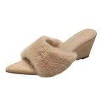 Women's Fluffy Open Toe Wedge Slippers a19