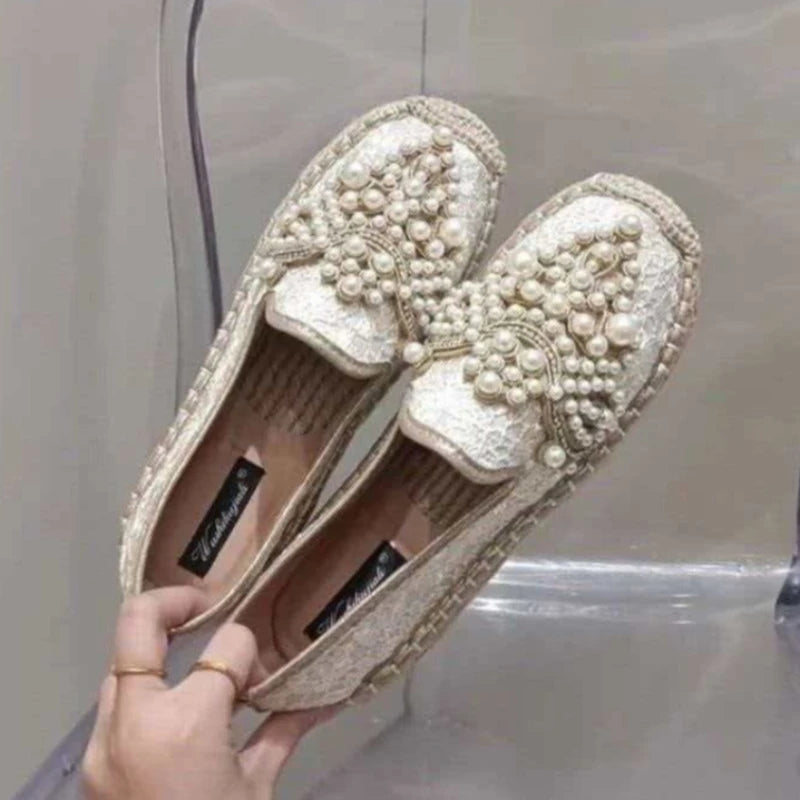 Women's String Bead Half Slippers Pearl Hemp Cotton Fabric Lace Slides