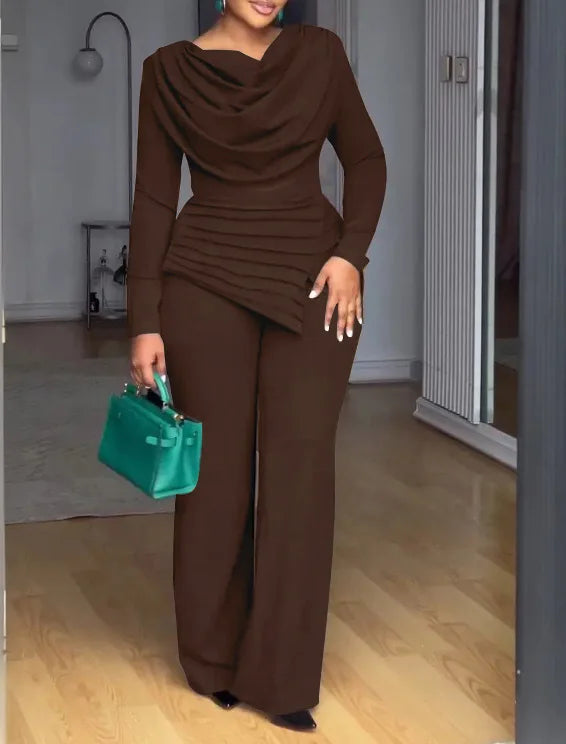 Women's Pile Collar Top Wide Leg Pants Set