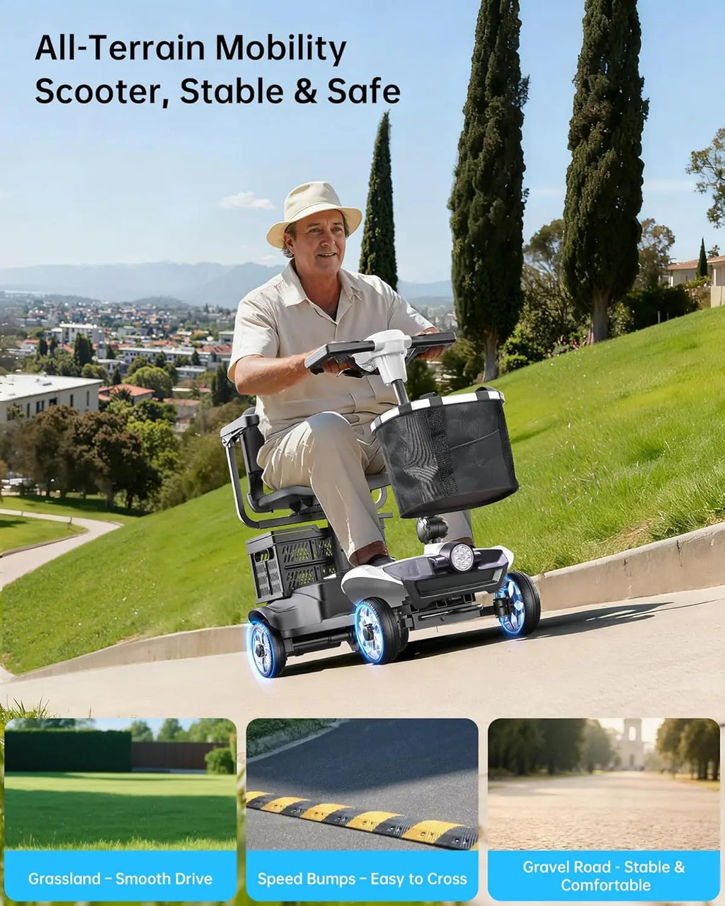 4 Wheel Folding Electric Mobility Scooter with Dual Baskets