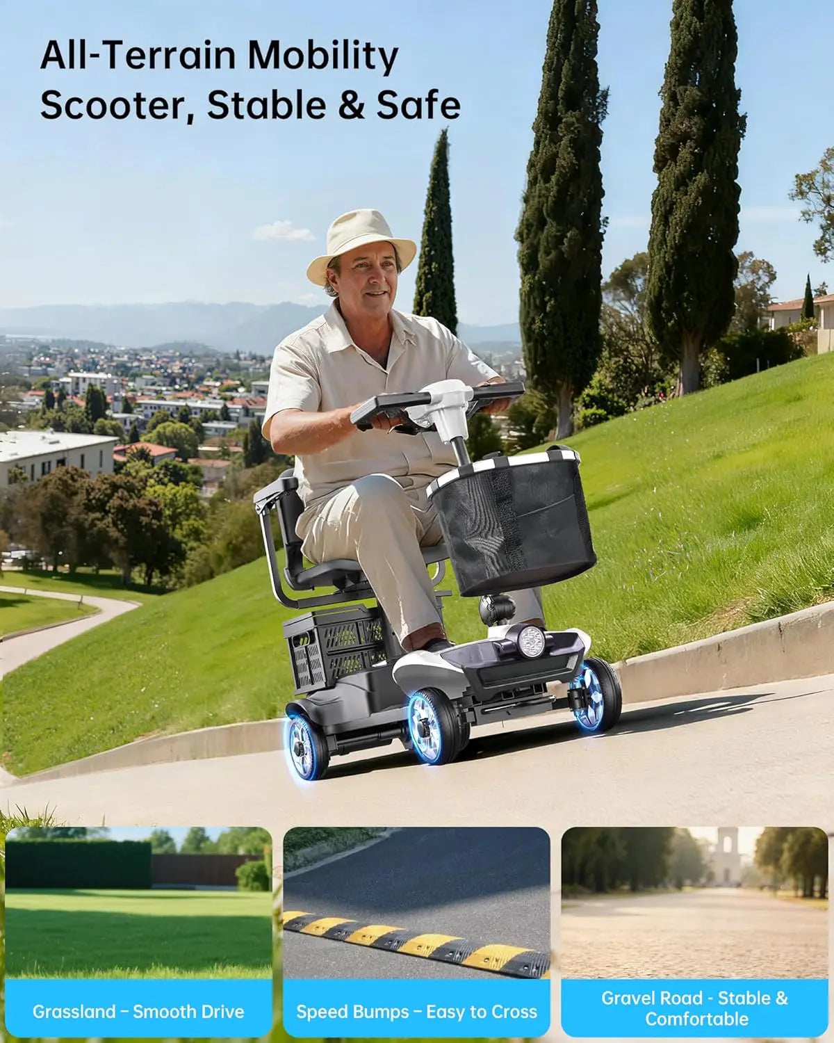4 Wheel Folding Electric Mobility Scooter with Dual Baskets