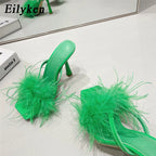 Women's Fluffy Furry Peep Toe Stiletto Mules