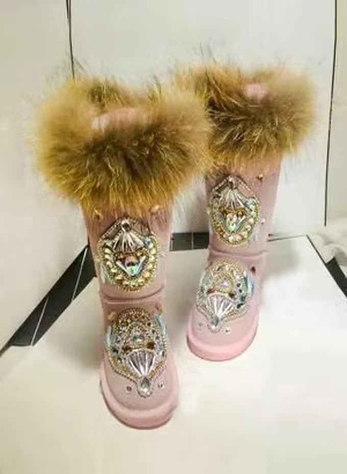 Women's Gemstone Fox Fur Suede Snow Boots