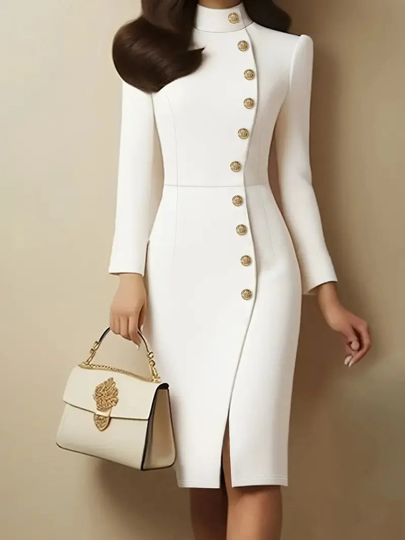Women's Stand Collar Metal Button Slit Mini Dress