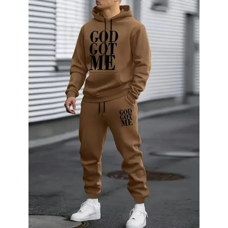 Men's Autumn Letter 3D Print Hoodie and Sweatpants Tracksuit Set
