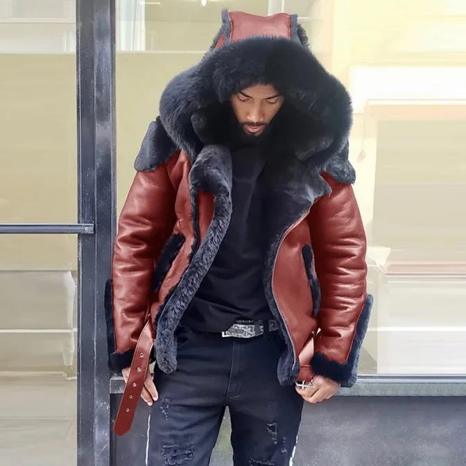 Men's Winter Warm PU Faux Fur Hooded Jacket Coat