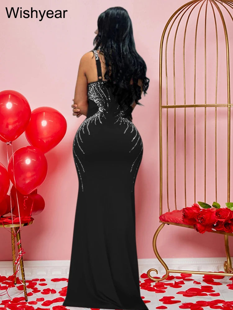 Women's Sexy Spaghetti Strap Diamond Bodycon Maxi Dress