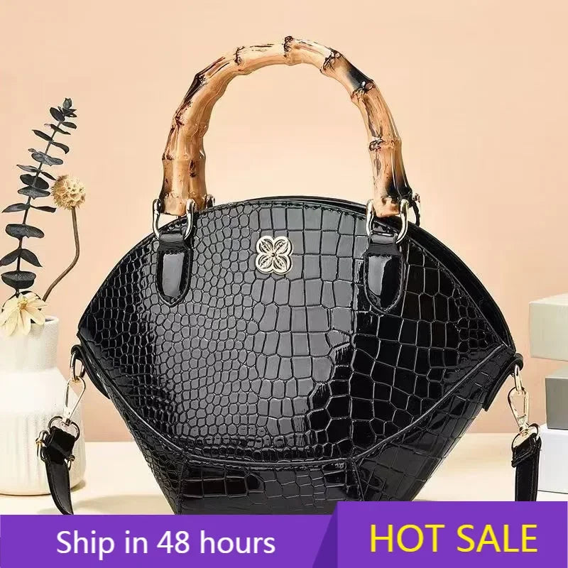 Women's Retro Stone Pattern Patent Leather Shoulder Handbag