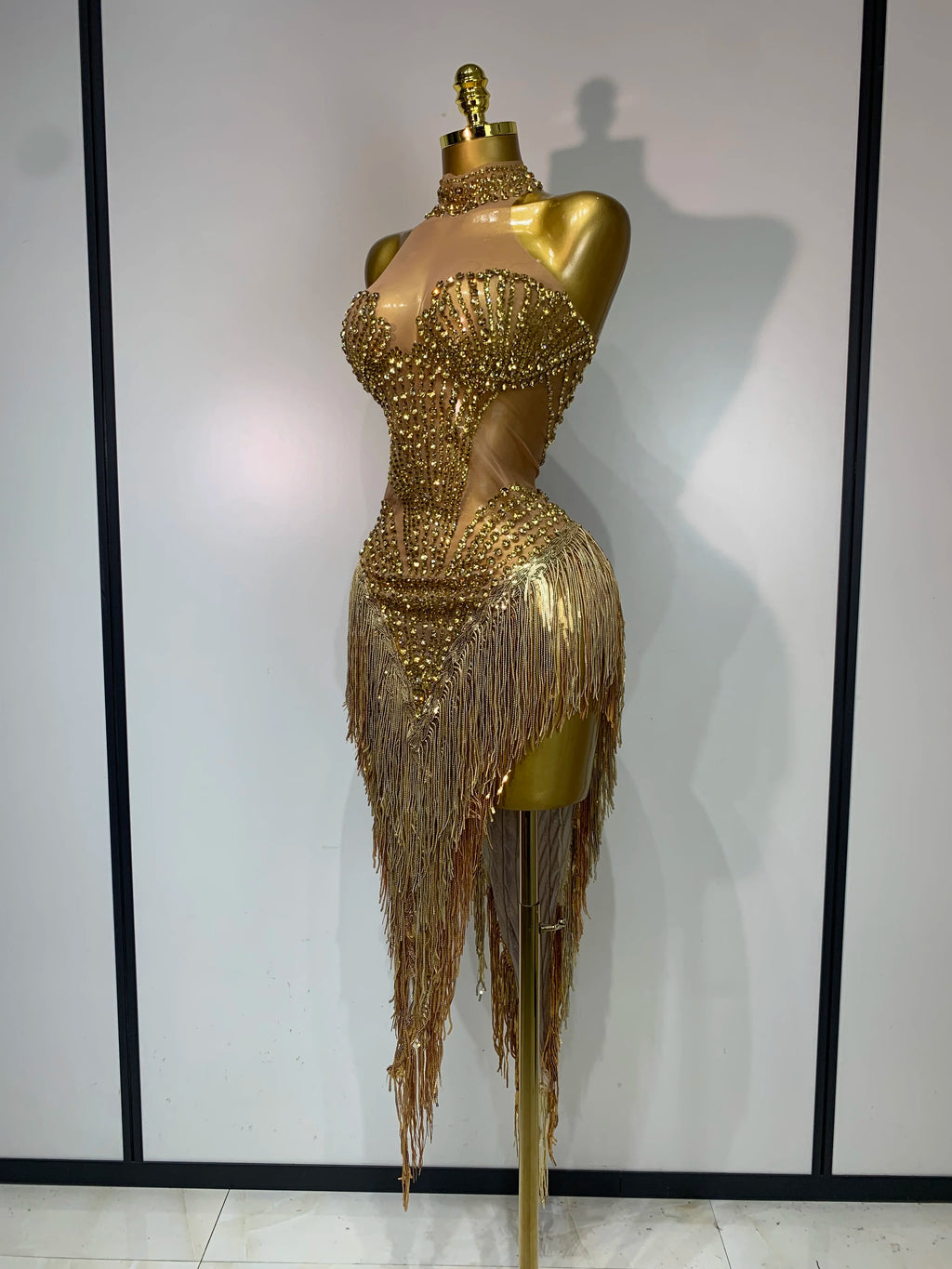 Women's Sexy Rhinestone Tassel Mesh Sleeveless Party Mini Dress