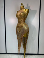 Women's Sexy Rhinestone Tassel Mesh Sleeveless Party Mini Dress