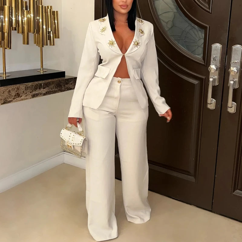Women's Embellished Lapel Blazer Wide Leg Pants Suit