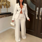 Women's Embellished Lapel Blazer Wide Leg Pants Suit