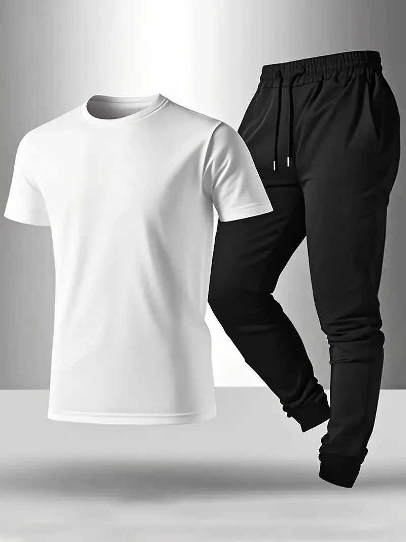 Men's Casual Print Round Neck T-Shirt and Sports Pants Set