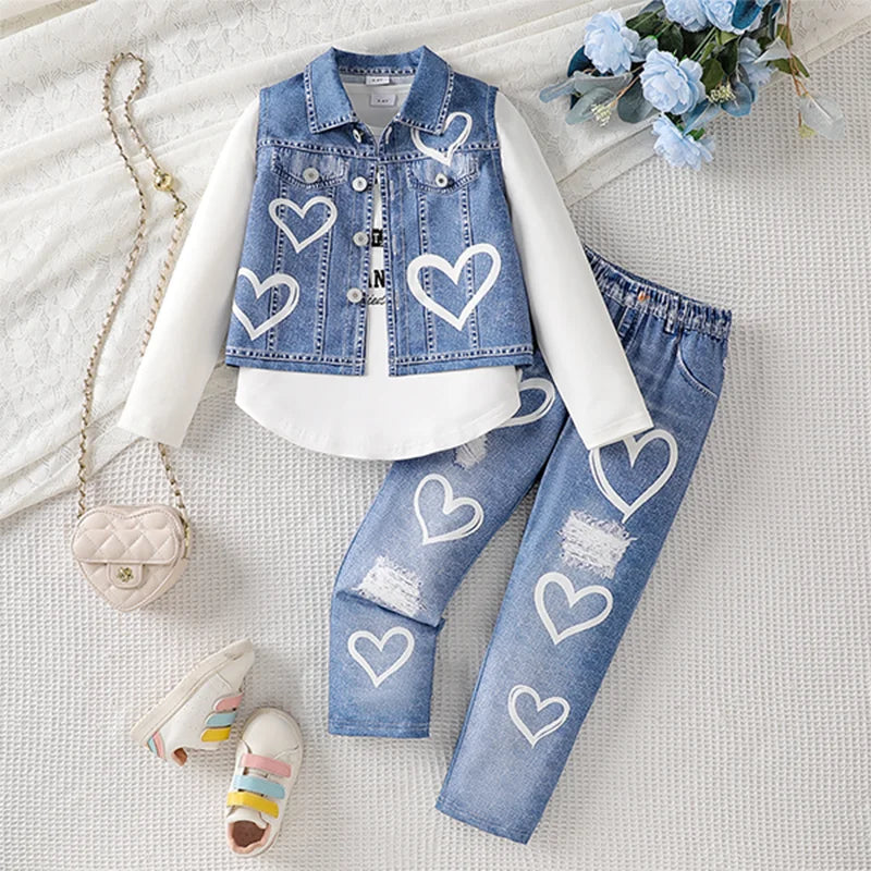 Girls' Denim Vest Top Pants Three-Piece Set TZ02125035
