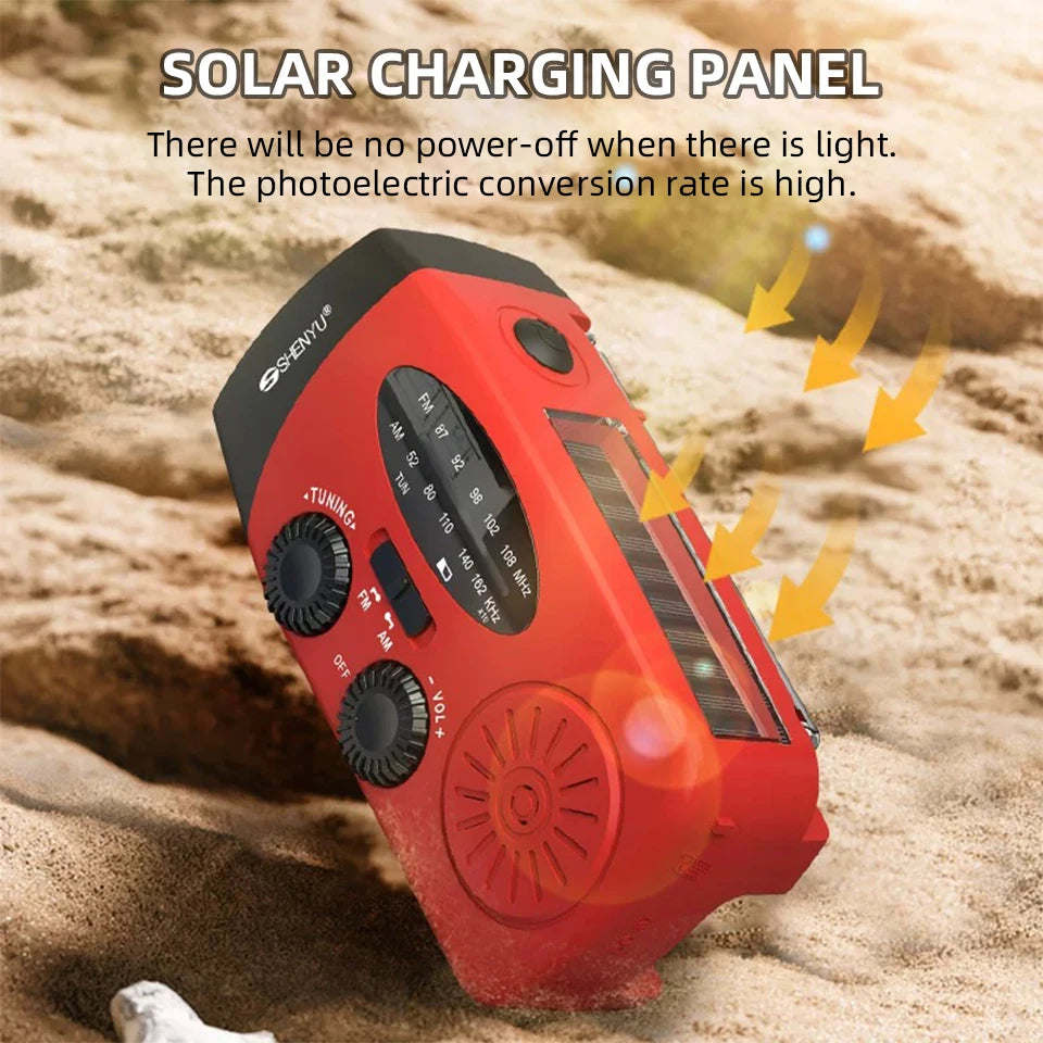Emergency Solar Hand-Crank Radio with Flashlight and Power Bank