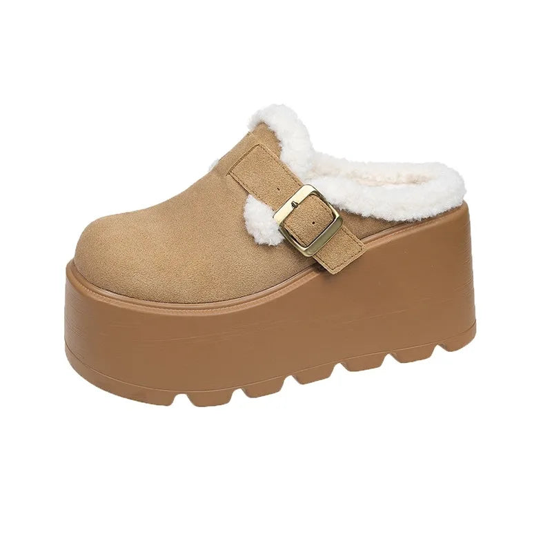 2025 New 9cm Women's Platform Heel Mules Casual Buckle Shoes Closed Toe Backless Slip On Walking Increase Height Wedge Slippers