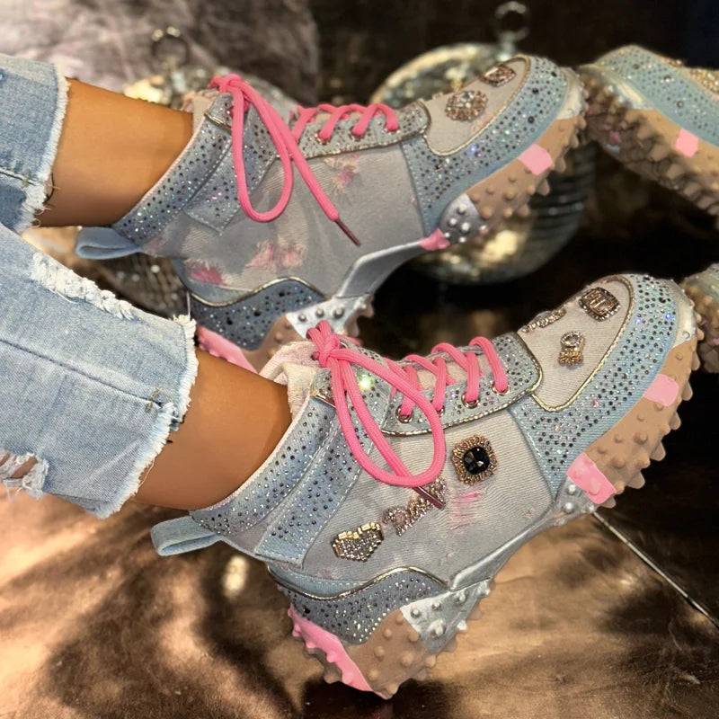 Women's Rhinestone High-Top Sneakers Diamond Lace-Up Casual Boots Thick Bottom