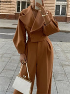 Women's Solid Lapel Woolen Top Wide Leg Pants Set