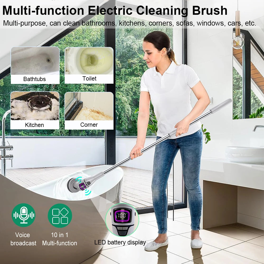 Cordless Electric Spin Scrubber with Adjustable Extension Handle