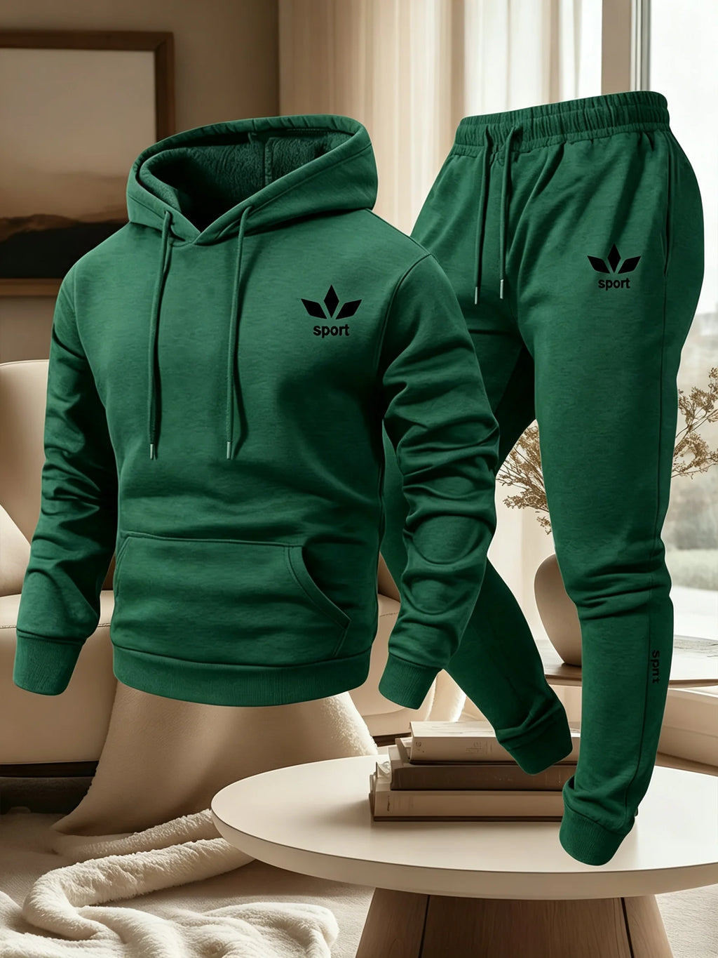 Men's Warm Fleece Lined Printed Hoodie and Jogger Pants Tracksuit Set
