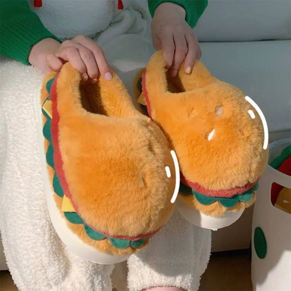 Women's Winter Warm Slippers Cute Cartoon Hamburger Home Floor Platform Shoes Thick Sole Soft Plush Indoor Fluffy Slippers