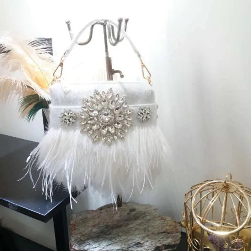 Women's Diamond Feather Tassel Chain Clutch Handbag