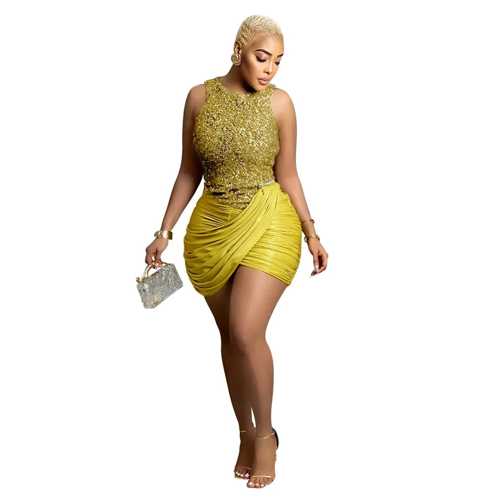 Women's Sexy Sequined Sleeveless Ruched Bodycon Mini Dress