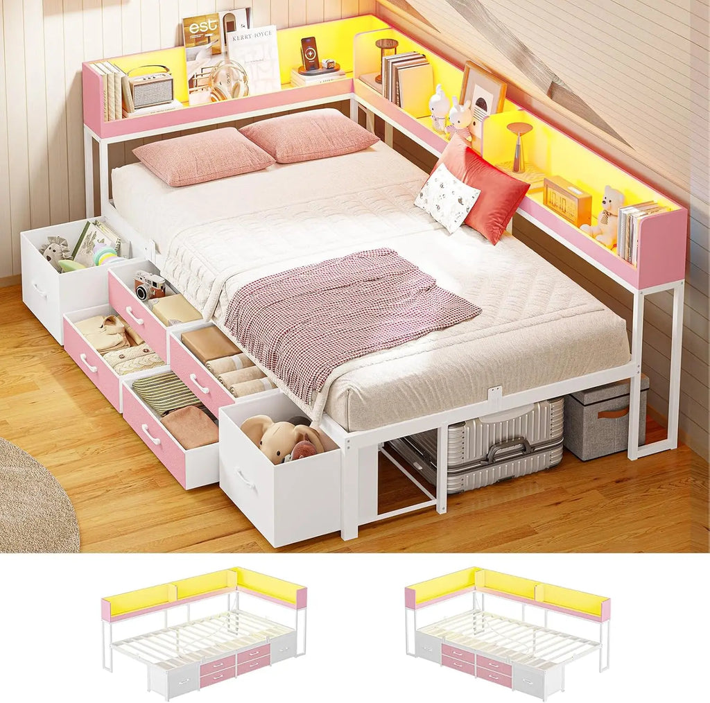 Twin Metal Corner Daybed Frame with Bookcase Storage and Drawers