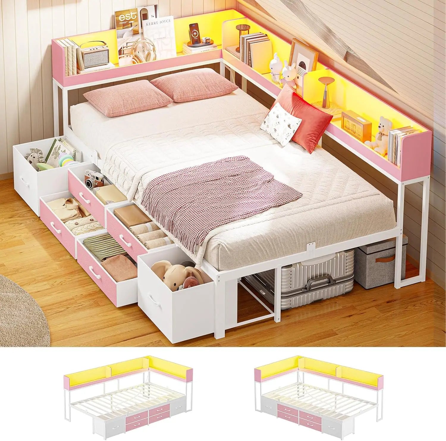 Twin Metal Corner Daybed Frame with Bookcase Storage and Drawers