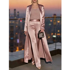 Women's Satin Long Blazer Wide Leg Pants Suit