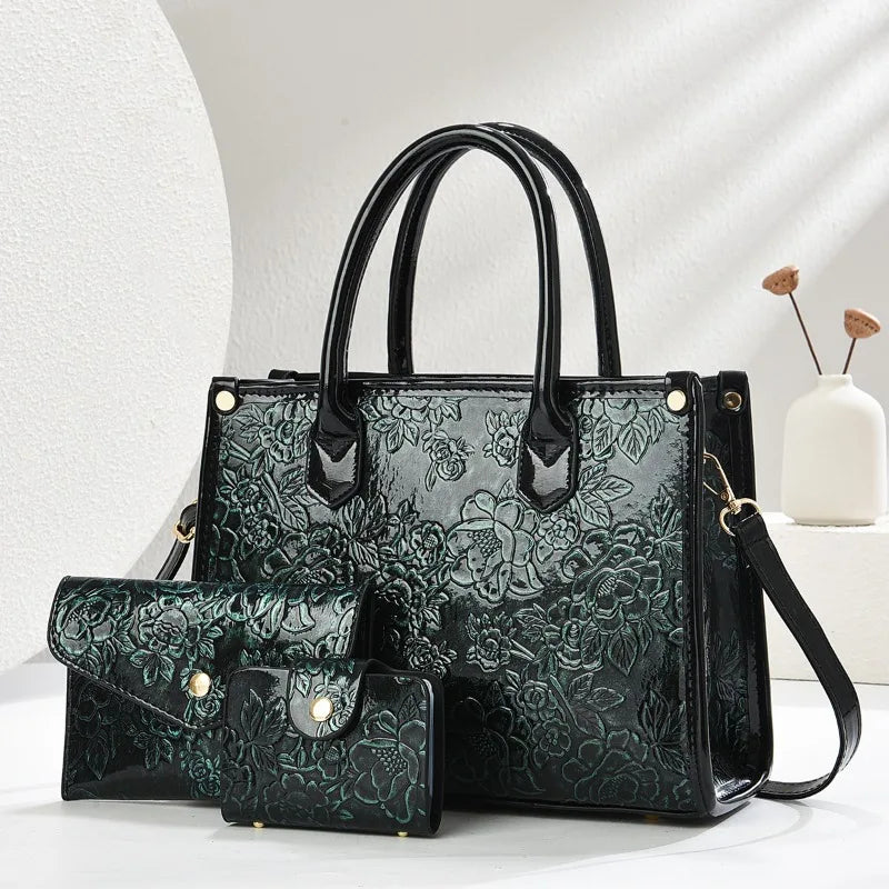 Women's Embossed Shoulder Bag and Crossbody Purse 3-Piece Set