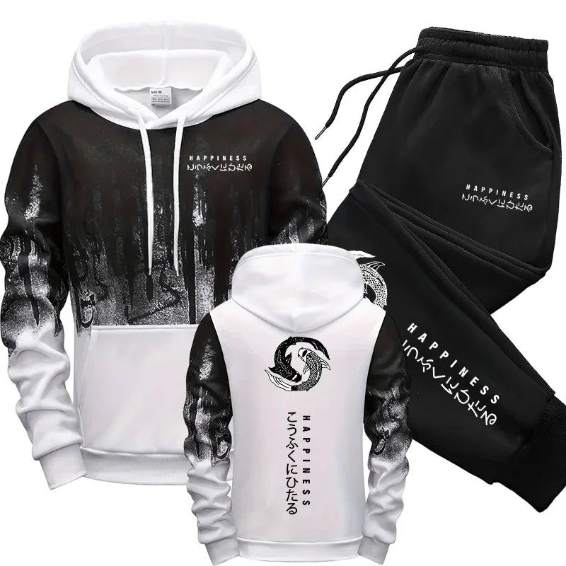 Men's Casual Print Hoodie and Sweatpants Two Piece Tracksuit Set