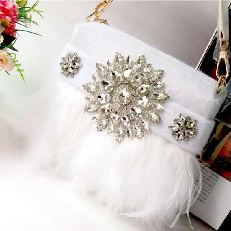 Women's Diamond Feather Tassel Chain Clutch Handbag