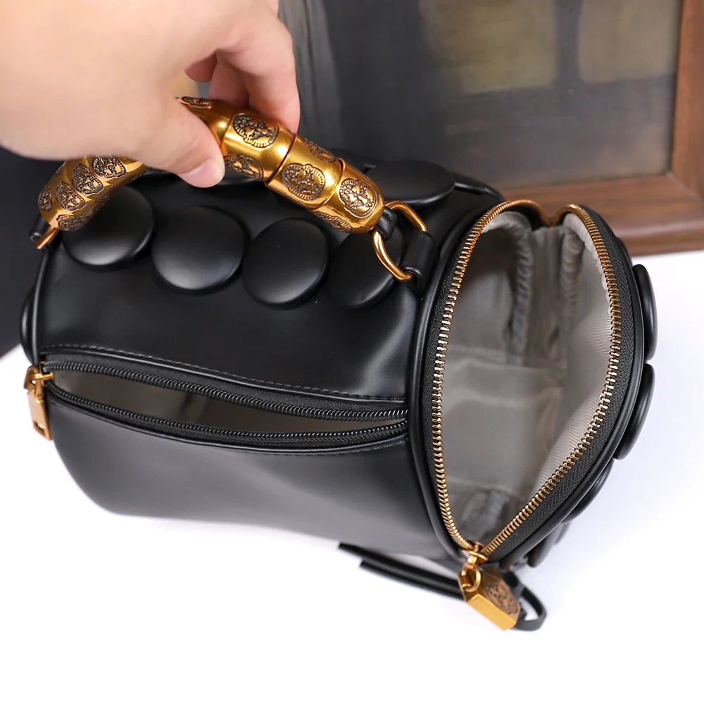 Women's Retro Button Leather Tube Bucket Shoulder Crossbody Bag