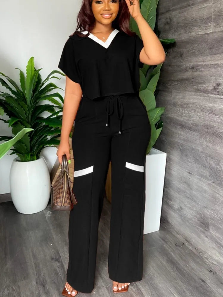 Women's Casual Short Sleeve Top and Straight Pants Set