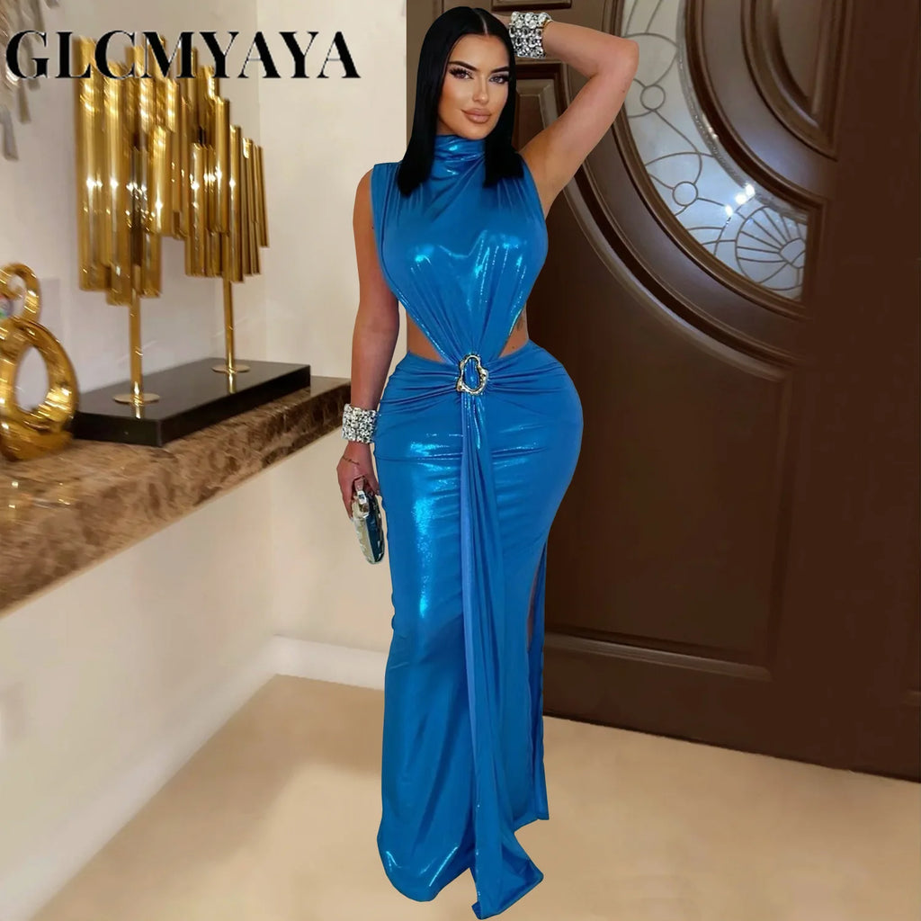 Women's Sexy Gilding Sleeveless Cutout Bodycon Maxi Dress