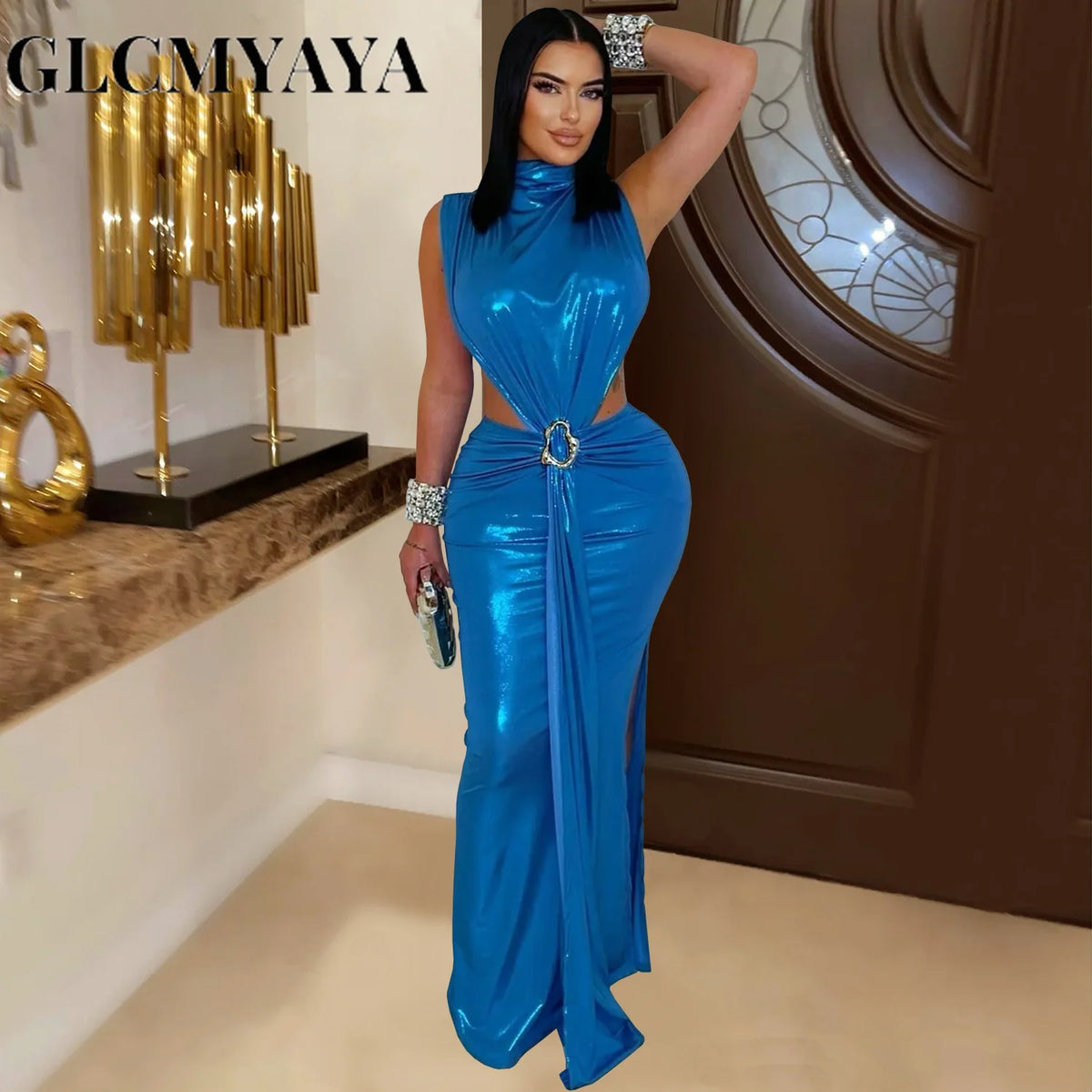 Women's Sexy Gilding Sleeveless Cutout Bodycon Maxi Dress