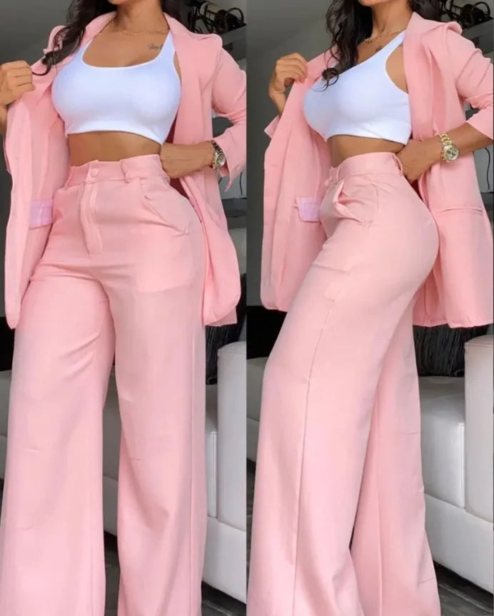 Women's Split Sleeve Blazer Straight Leg Pants Suit Set