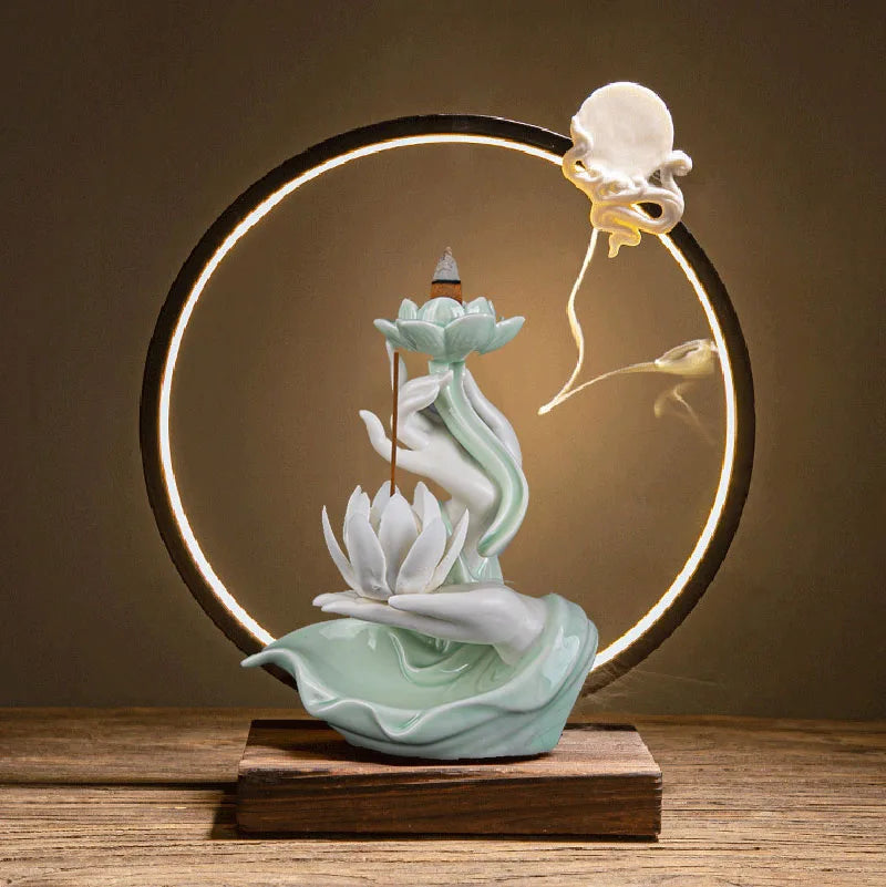 Buddha's Hand Lotus LED Backflow Incense Burner and Tabletop Ornament