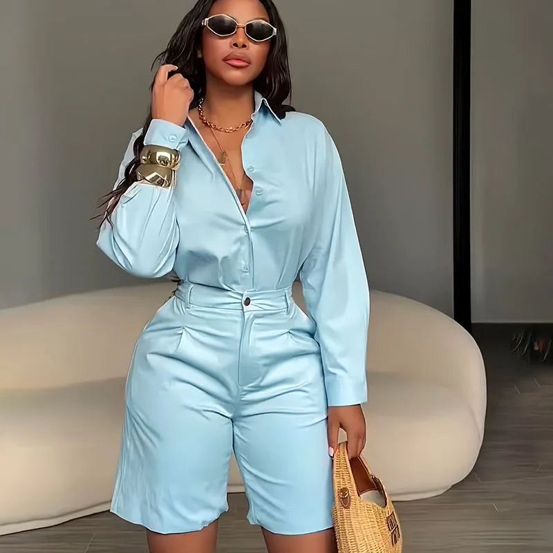 Women's Casual Long Sleeve Shirt and Shorts Two Piece Matching Set
