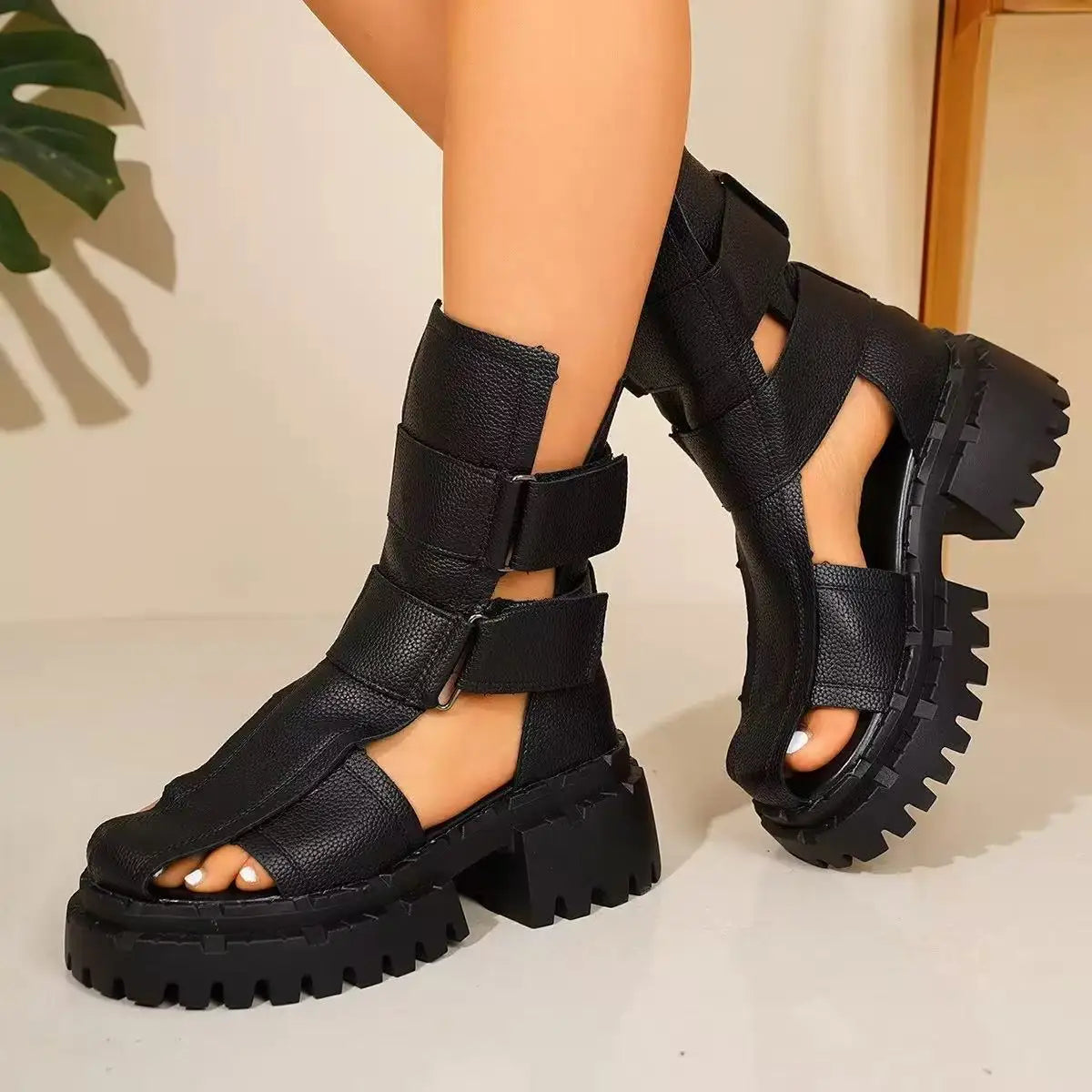 Women's Retro High-Top Platform Sandals Hook & Loop Casual Shoes
