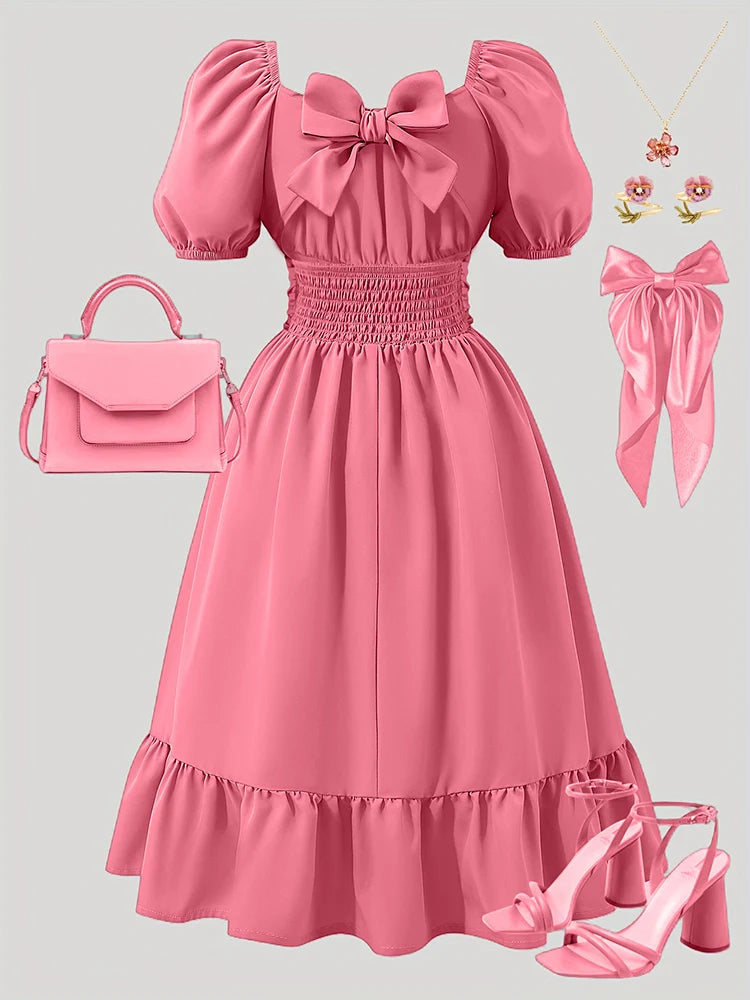 Girls' Off-Shoulder Lantern Sleeve Bow Solid Puff Dress T5591OBMTDD
