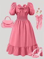 Girls' Off-Shoulder Lantern Sleeve Bow Solid Puff Dress T5591OBMTDD