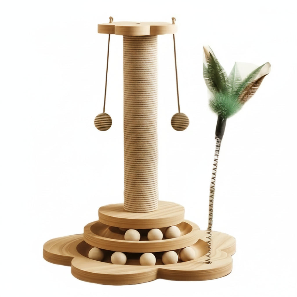Wooden Rotating Cat Scratch Board with Non-Shedding Fiber Chew Toy and Stand