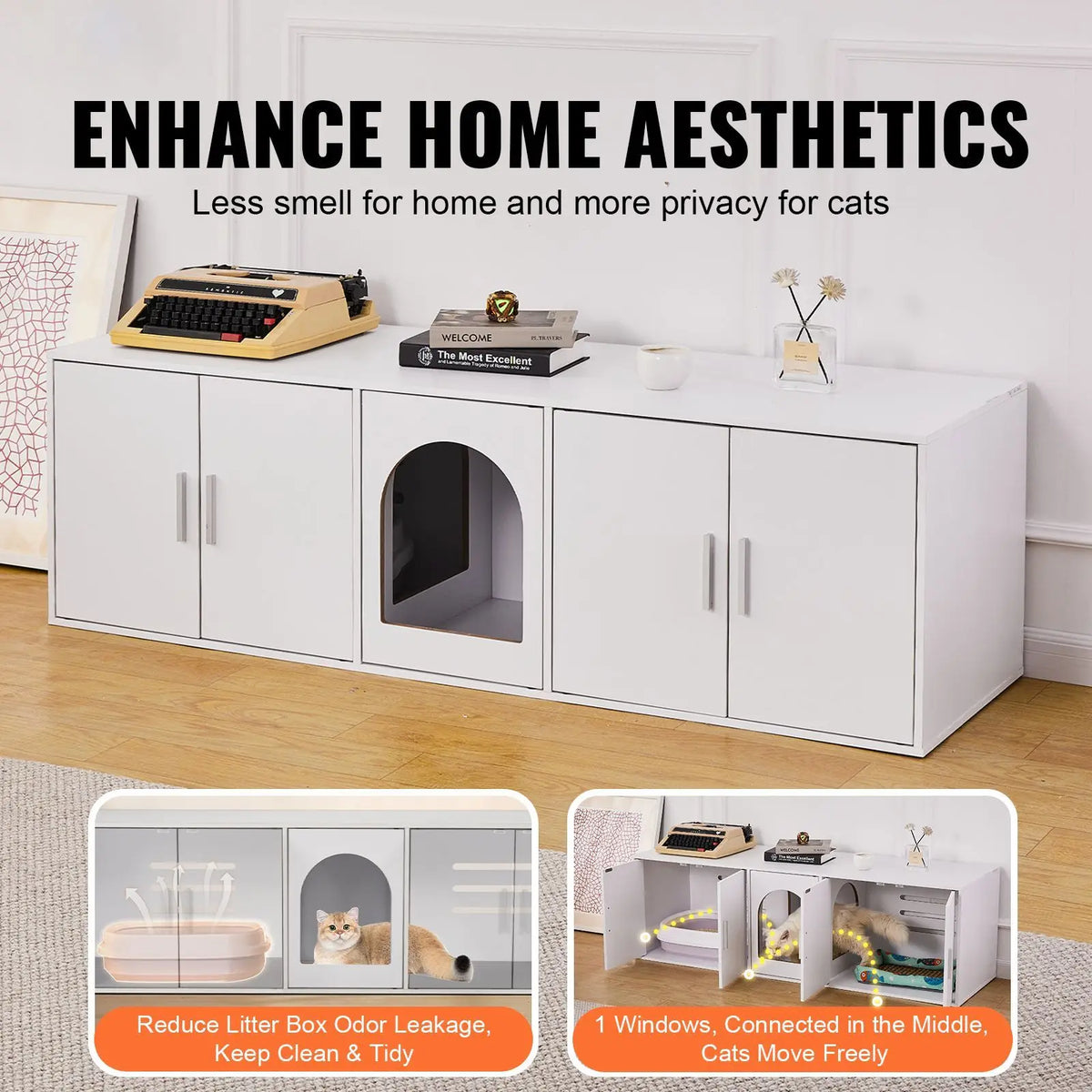 Double Room Wooden Cat Litter Box Enclosure and Hidden Cabinet