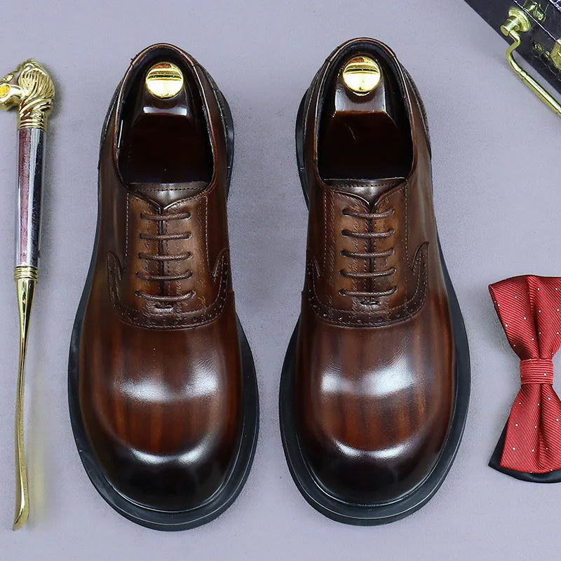 Men's Gradient Leather Brogue Shoes and Thick Sole Derby Footwear