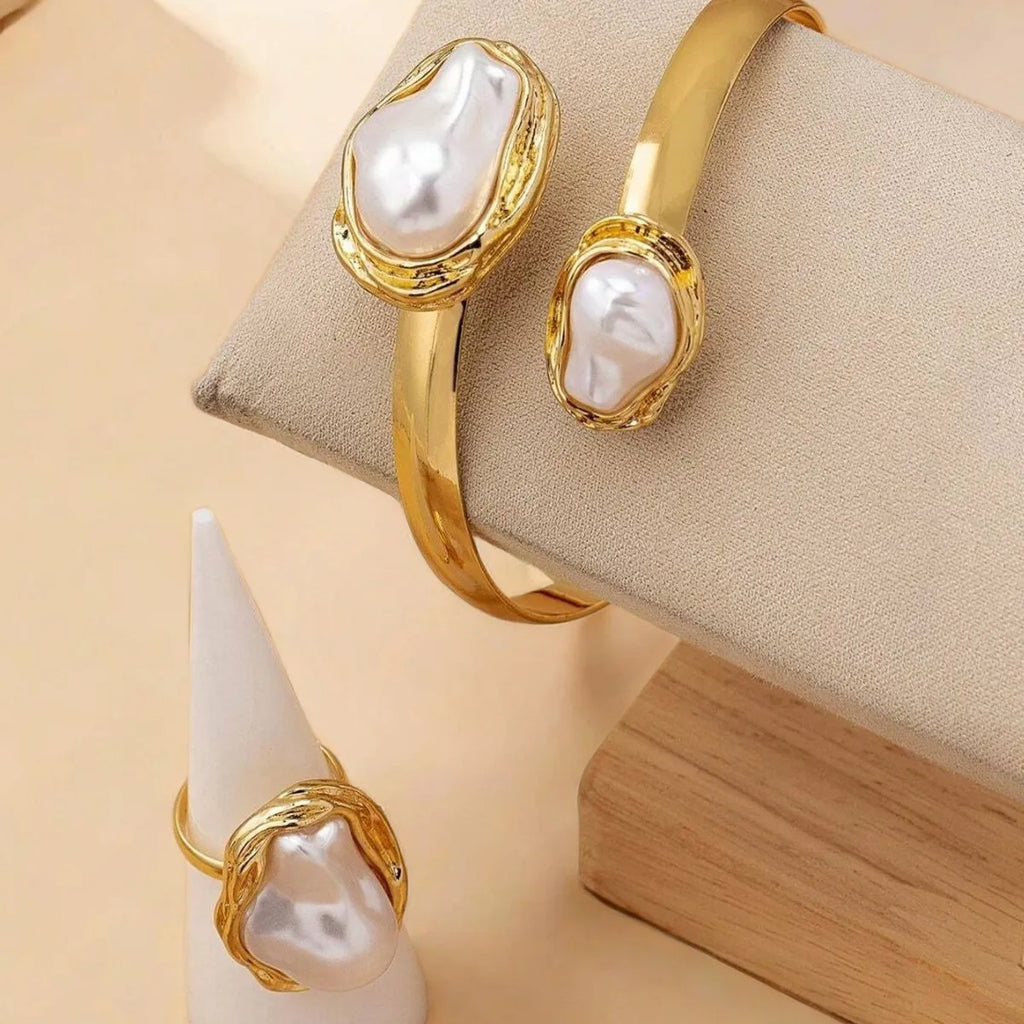 Women's Fashion Elegant Imitation Pearl Adjustable Bracelet Ring Jewelry Set