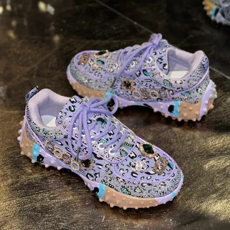 Women's Rhinestone Platform Lace-Up Casual Sneakers